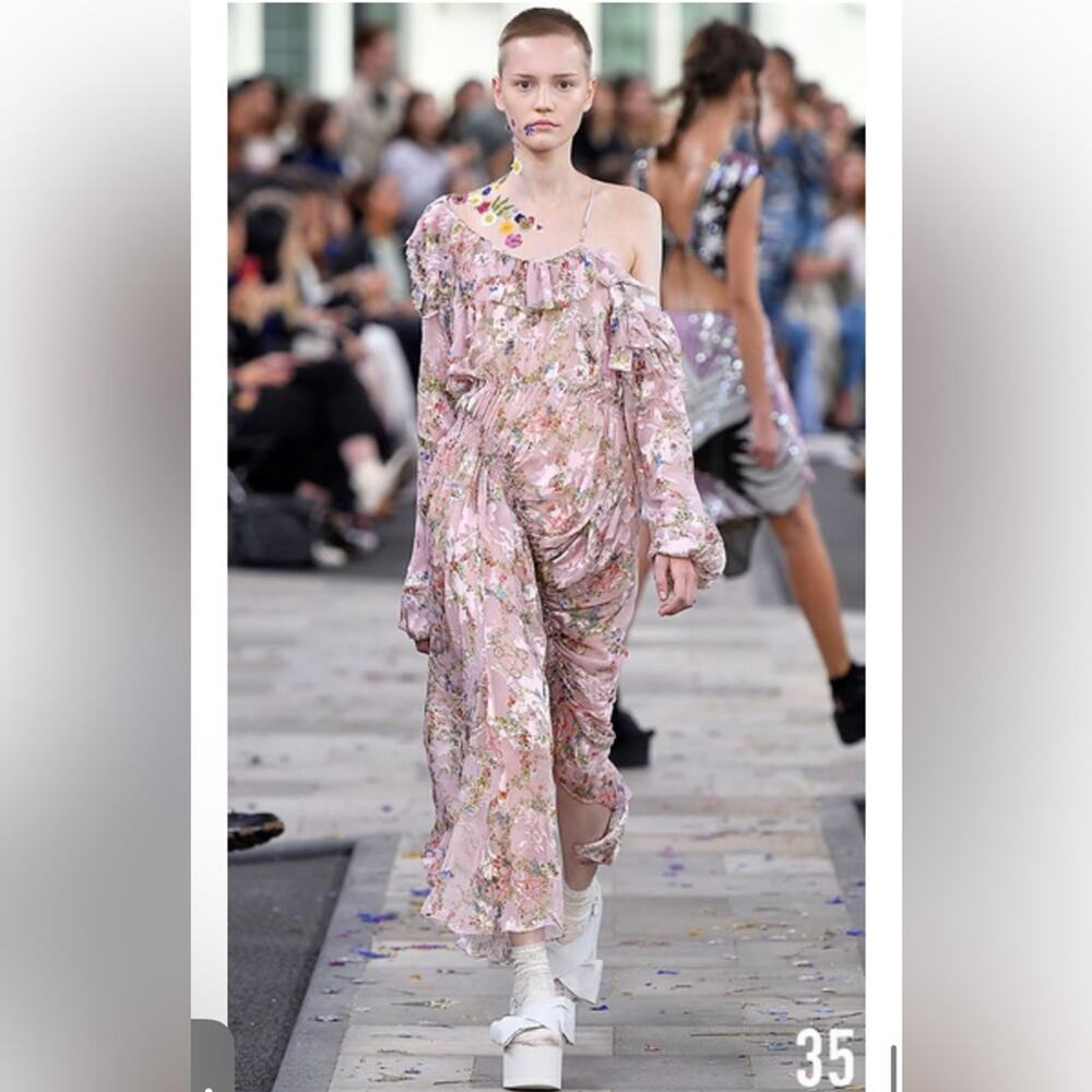 Preen Thornton Bregazzi Runway Silk Ruffle Floral Asymmetrical Sheer Dress
